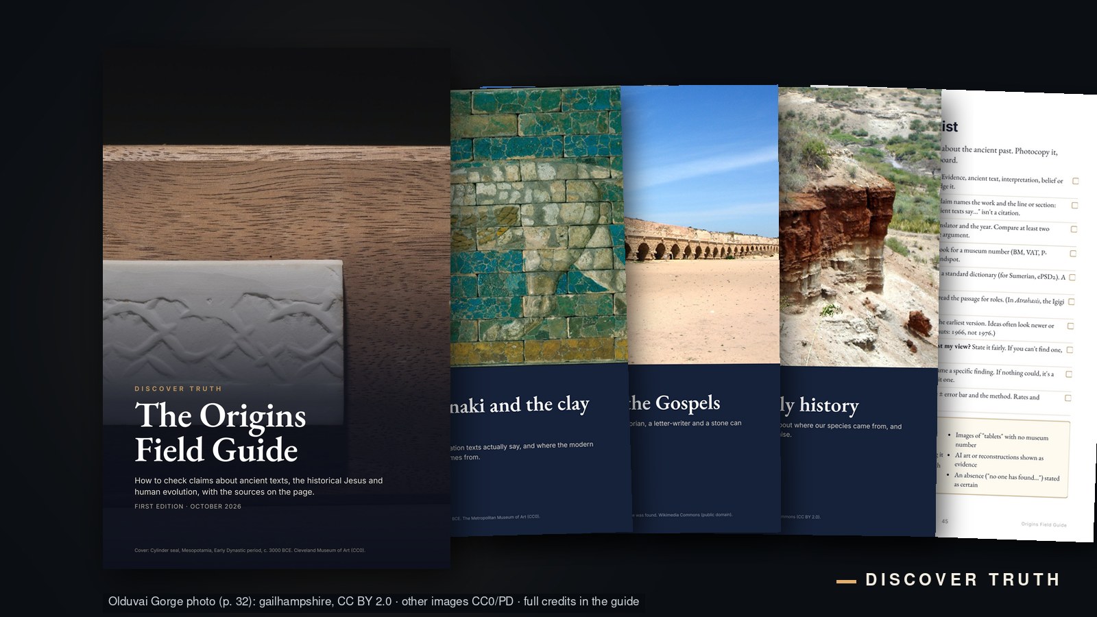 Pages from The Origins Field Guide: the cover with a Mesopotamian cylinder seal, chapter openers and the field checklist